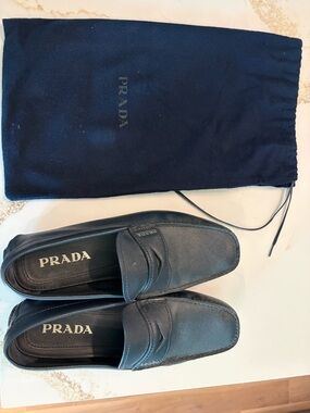 PRADA Navy Saffiano Leather Penny Loafers